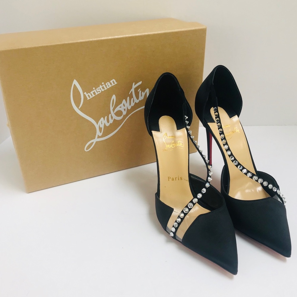 LOUBOUTIN Spike Cross 100 Satin Stiletto Black Heels